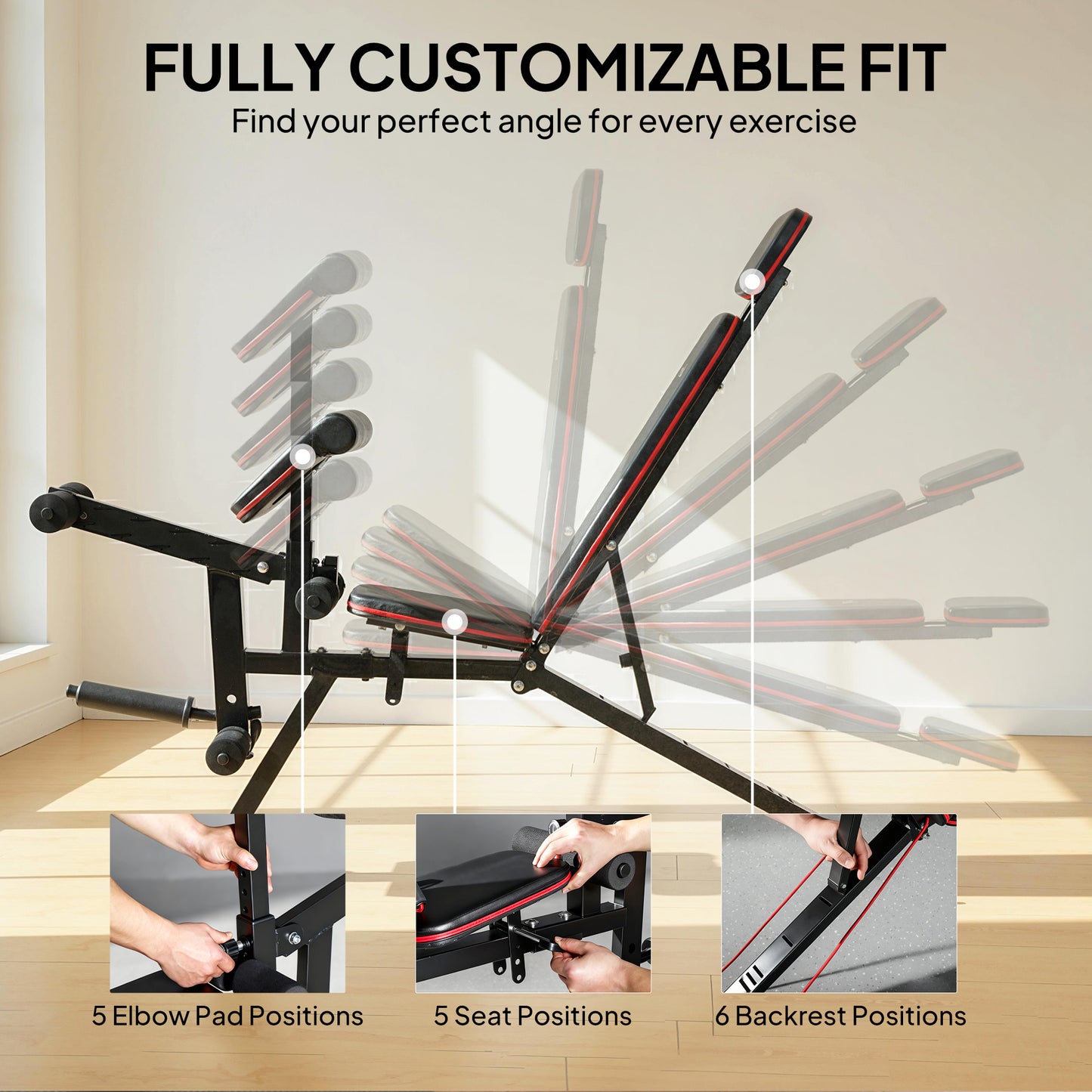 Soozier Adjustable Weight Bench with Wheels, Load 660LBS Workout Bench with Leg Extension, Preacher Curl and Resistance Bands