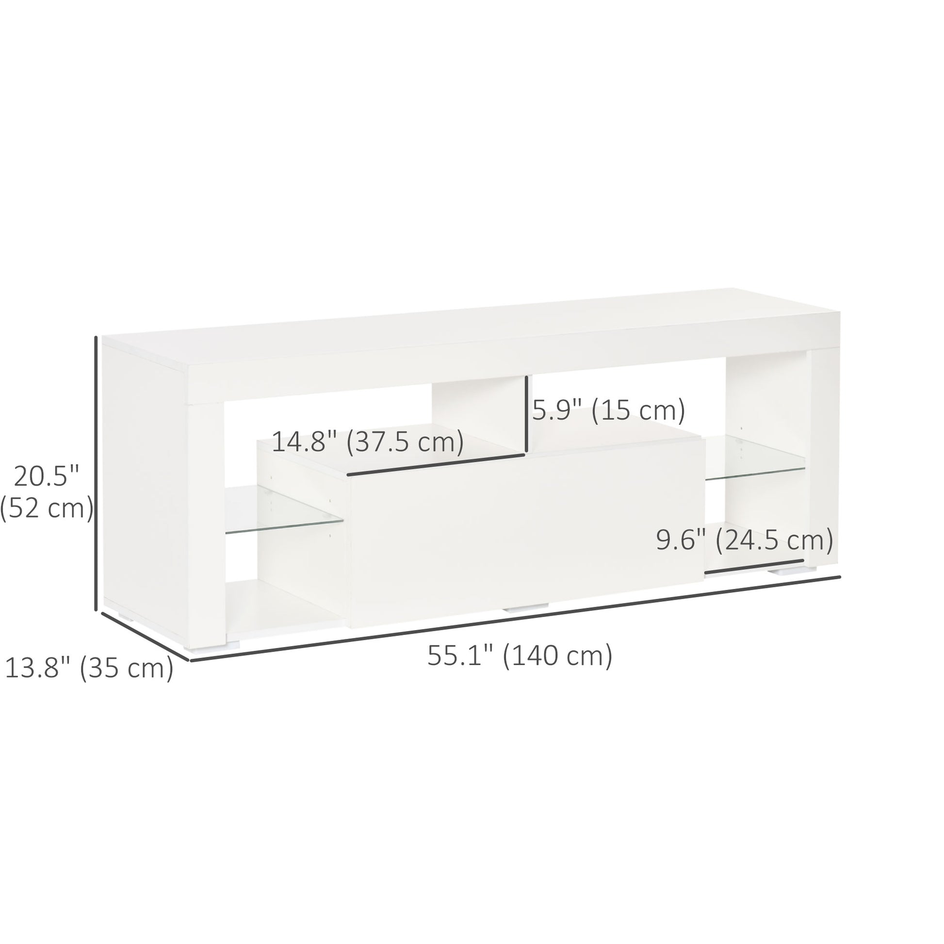 TV Stand for 55-Inch TVs, High Gloss TV Bench with LED Lights, Remote Control, Storage Drawer and Shelves, Entertainment Unit for Living Room, Bedroom, White