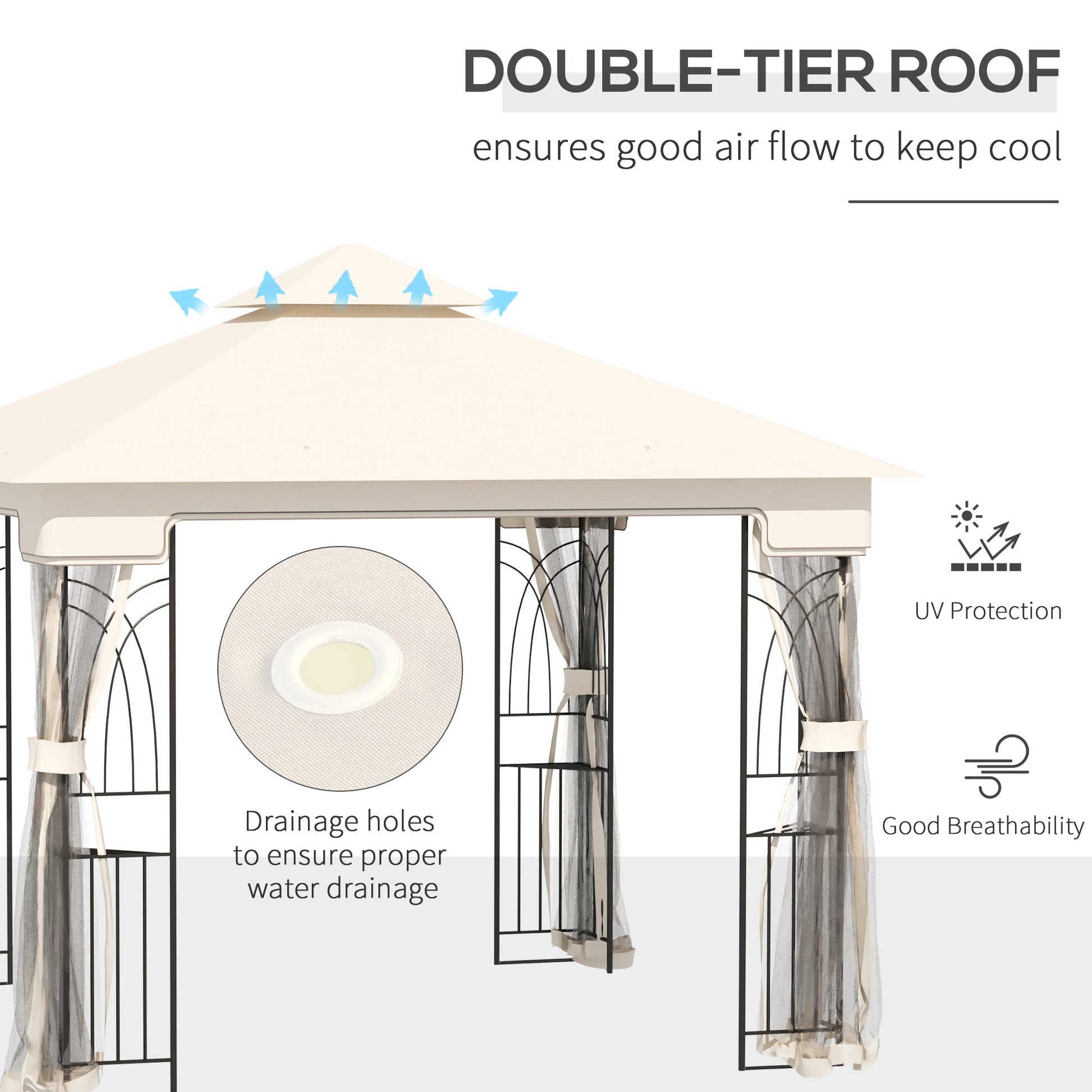 10'x10' Soft-top Patio Gazebo with Double Tier Roof, Mesh Curtains, Display Shelves, Top Hooks, Cream