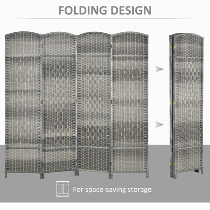 6 Ft Tall Folding Room Divider, 4 Panel Portable Privacy Screen, Hand-Woven Partition Wall Divider, Mixed Grey