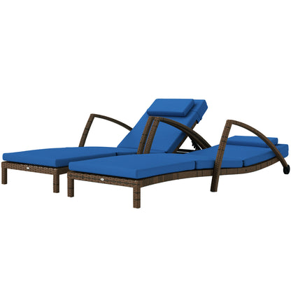 Set of 2 Wicker Chaise Lounge Chair Outdoor Patio Lounger with 5 Adjustable Back, Wheels, Cushion and Armrests, Blue