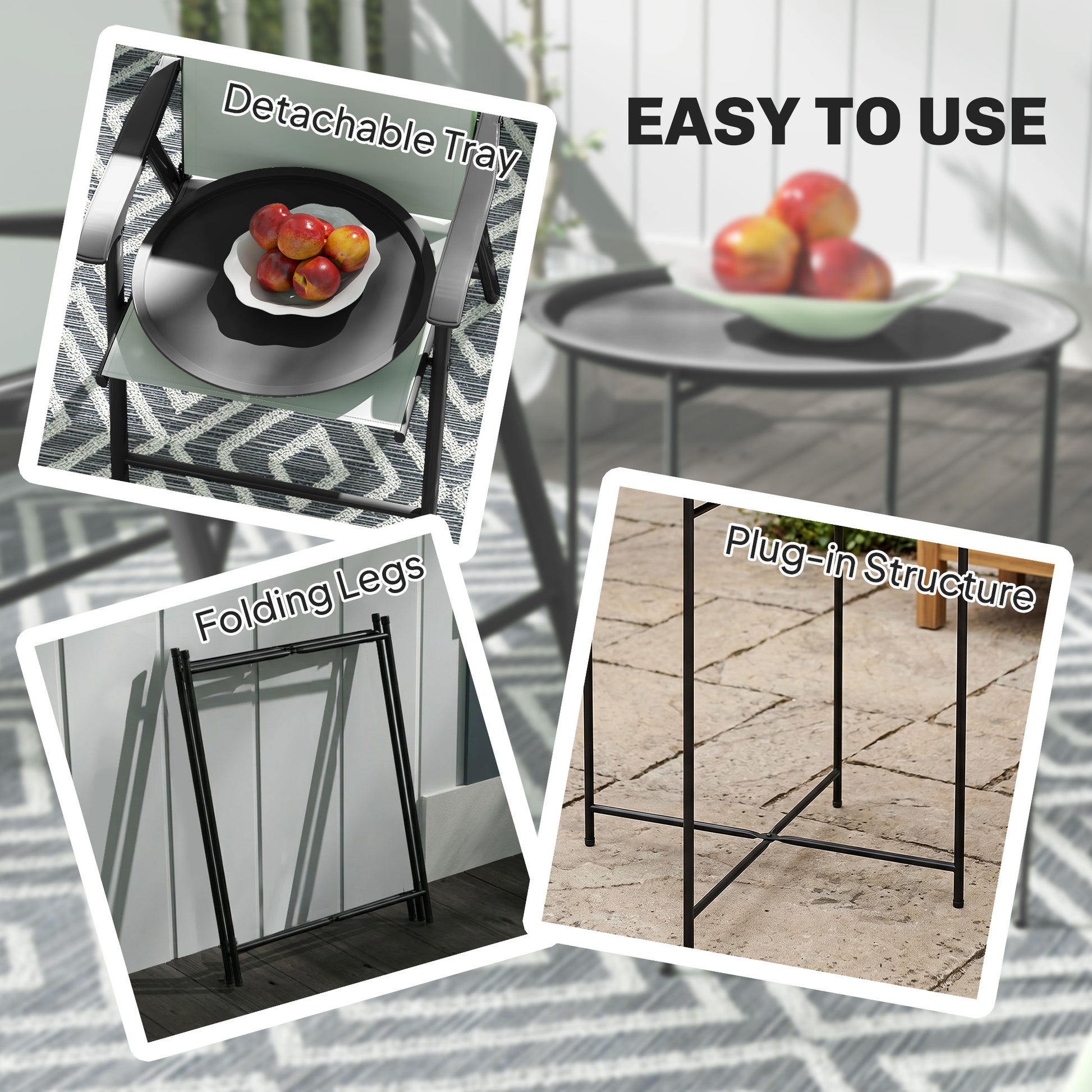 18" Outdoor Side Table with Removable Tray and Folding Legs, Indoor Outdoor for Balcony, Porch, Black