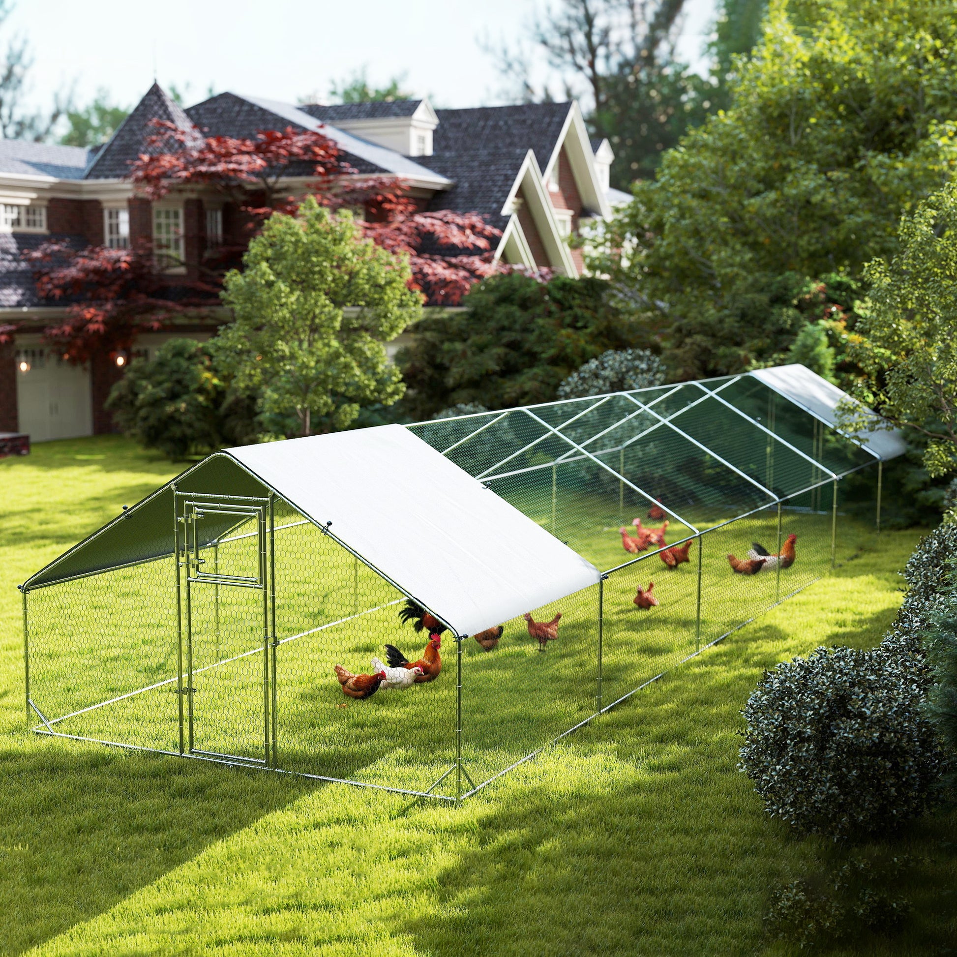 Metal Chicken Coop with Water- and UV-Protection Cover for Backyard Hen, Duck, Rabbit, 39.4' x 9.8' x 6.4'
