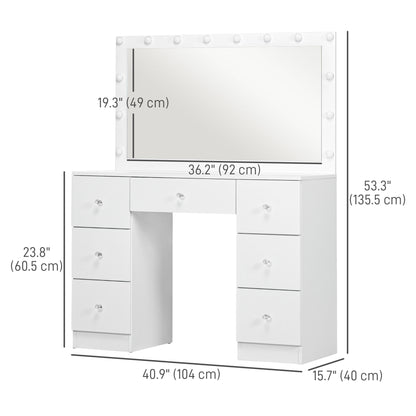 Makeup Vanity Table, Dressing Table with Mirror and Lights, Modern Makeup Table with 7 Drawers and 10 LED Lights, White