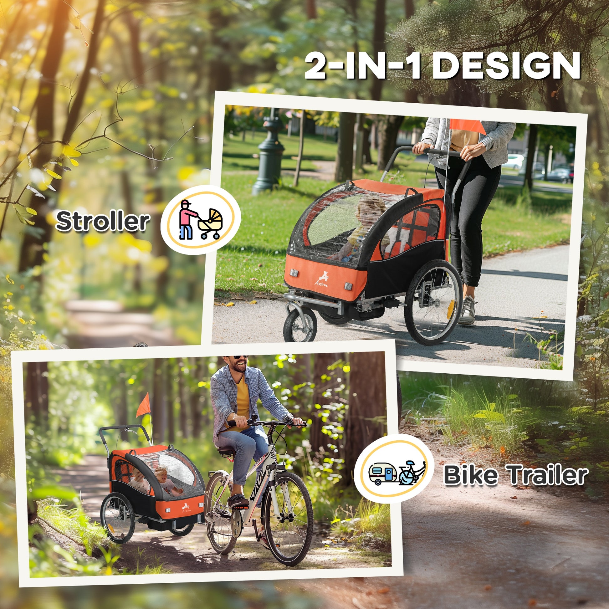Aosom 2-in-1 Bike Trailer for Kids, Foldable 2-Seat Baby Stroller with 5-Point Harness, Rubber Wheels, Storage Bag, Orange