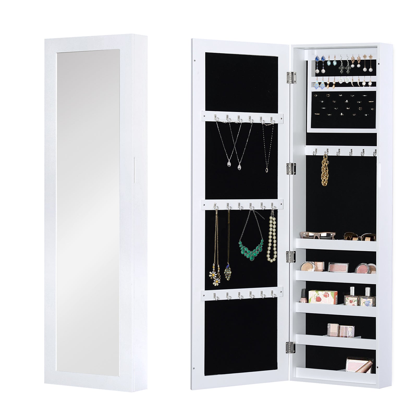 Mirror Jewellery Cabinet Armoire with Full Length Mirror, Wall Mounted Jewellery Organizer, White