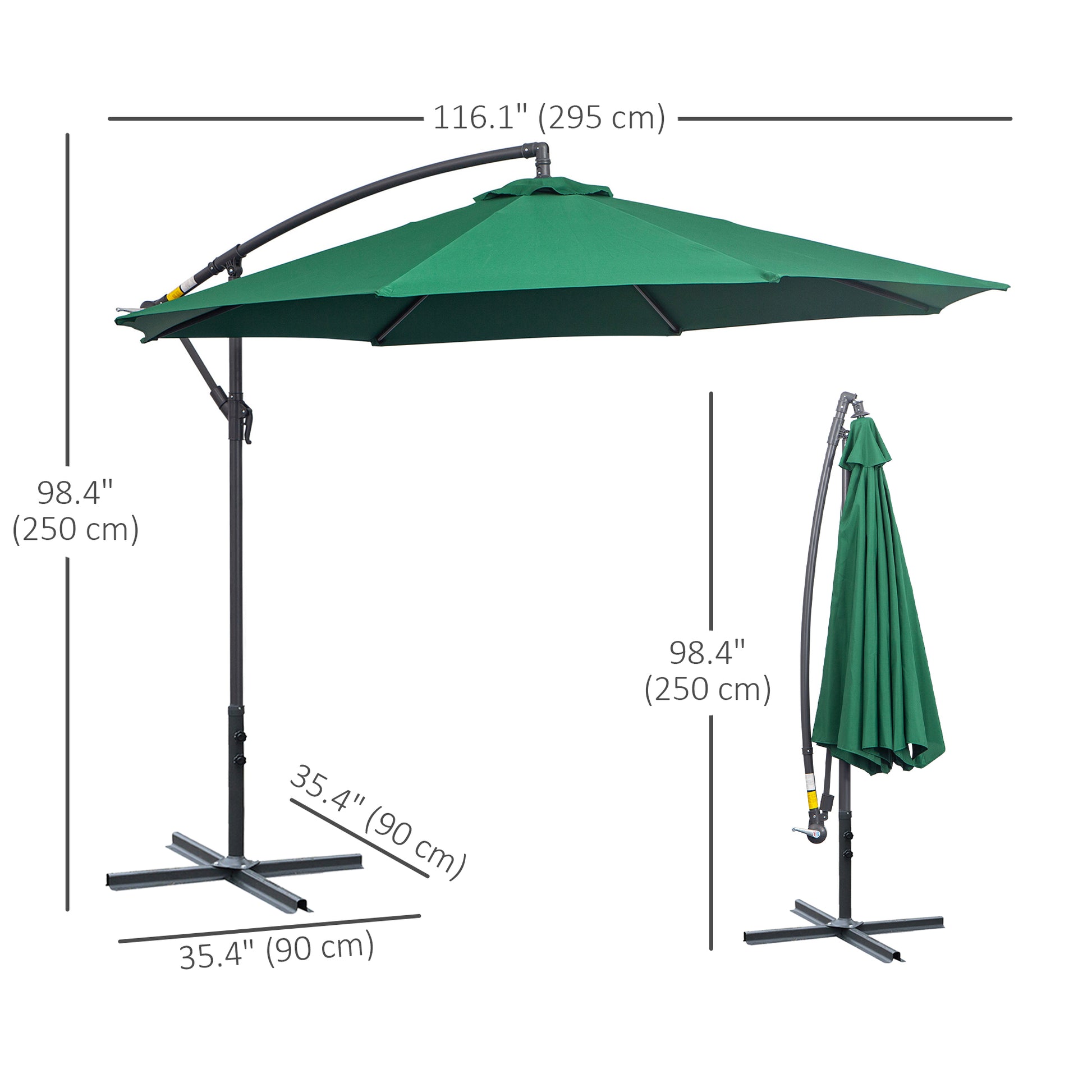 10' Deluxe Patio Umbrella, Outdoor Market Parasol, Banana Hanging Offset Sunshade with Crank, Cross Base, Dark Green
