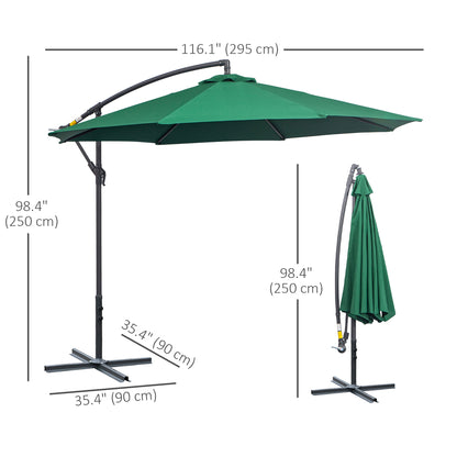 10' Deluxe Patio Umbrella, Outdoor Market Parasol, Banana Hanging Offset Sunshade with Crank, Cross Base, Dark Green
