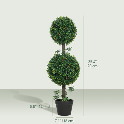 3FT Artificial Boxwood Topiary Tree Set of 2, Faux Two Ball Topiary Tree in Pot for Indoor Outdoor Decor, Green