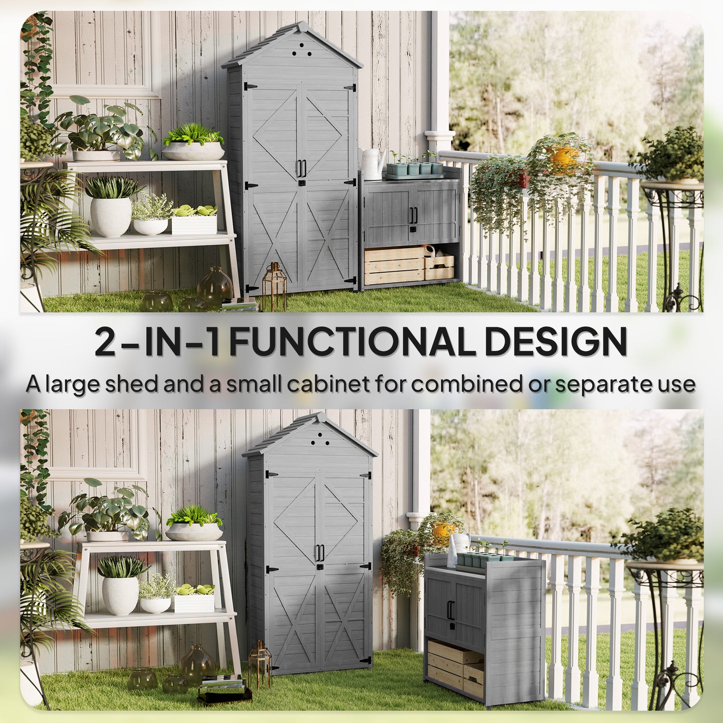 2-in-1 Outdoor Storage Cabinet, Wood Garden Shed with Shelves, Vent Holes, Foot Caps for Backyard, Patio, Lawn