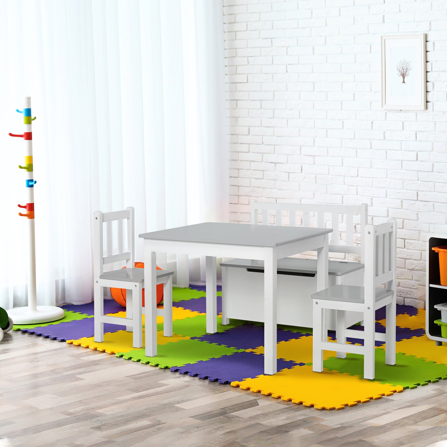 Qaba 4-Piece Set Kids Wood Table Chair Bench with Storage Function Gift for Toddlers