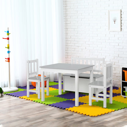 Qaba 4-Piece Set Kids Wood Table Chair Bench with Storage Function Gift for Toddlers