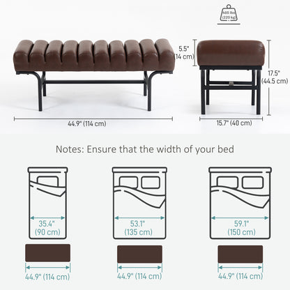 Bedroom Bench PU Leather End of Bed Bench with Cylindrical Seat and Metal Legs for Bedroom Living Room Hallway Brown