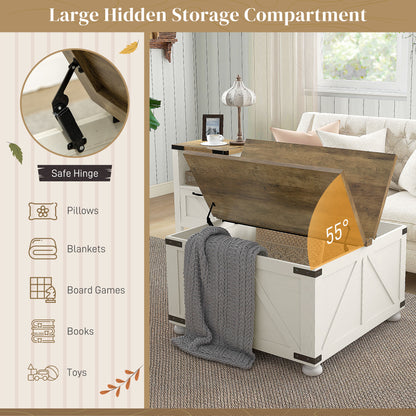 Farmhouse Coffee Table, Square Center Table with Flip-top Lids, Hidden Storage Compartment and Wooden Legs, Antique White