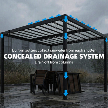 9.5 x 10 ft Louvered Pergola with PC Roof, Aluminium Outdoor Pergola Gazebo with Drainage Gutters, Handle, Clear