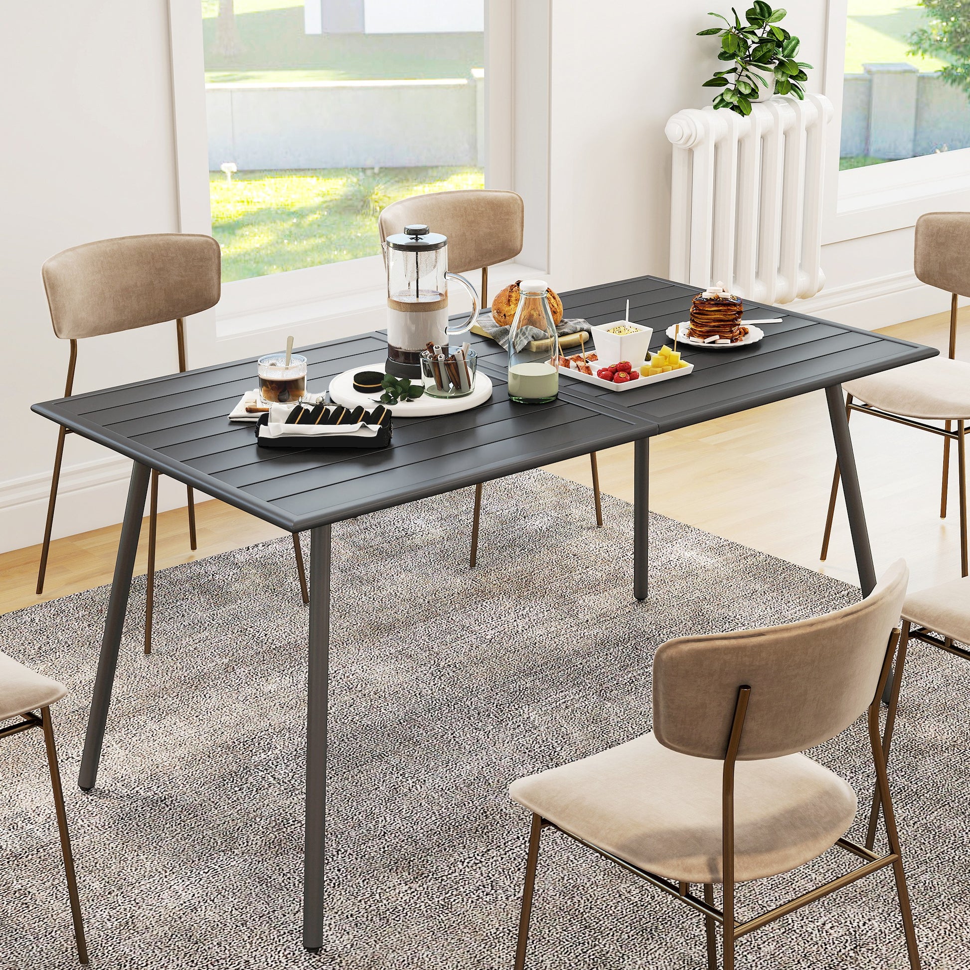 Rectangle Patio Dining Table for 6 Person, Metal Steel Slat Outdoor Table, for Lawn, Garden, 59" x 31.5" x 29", Grey