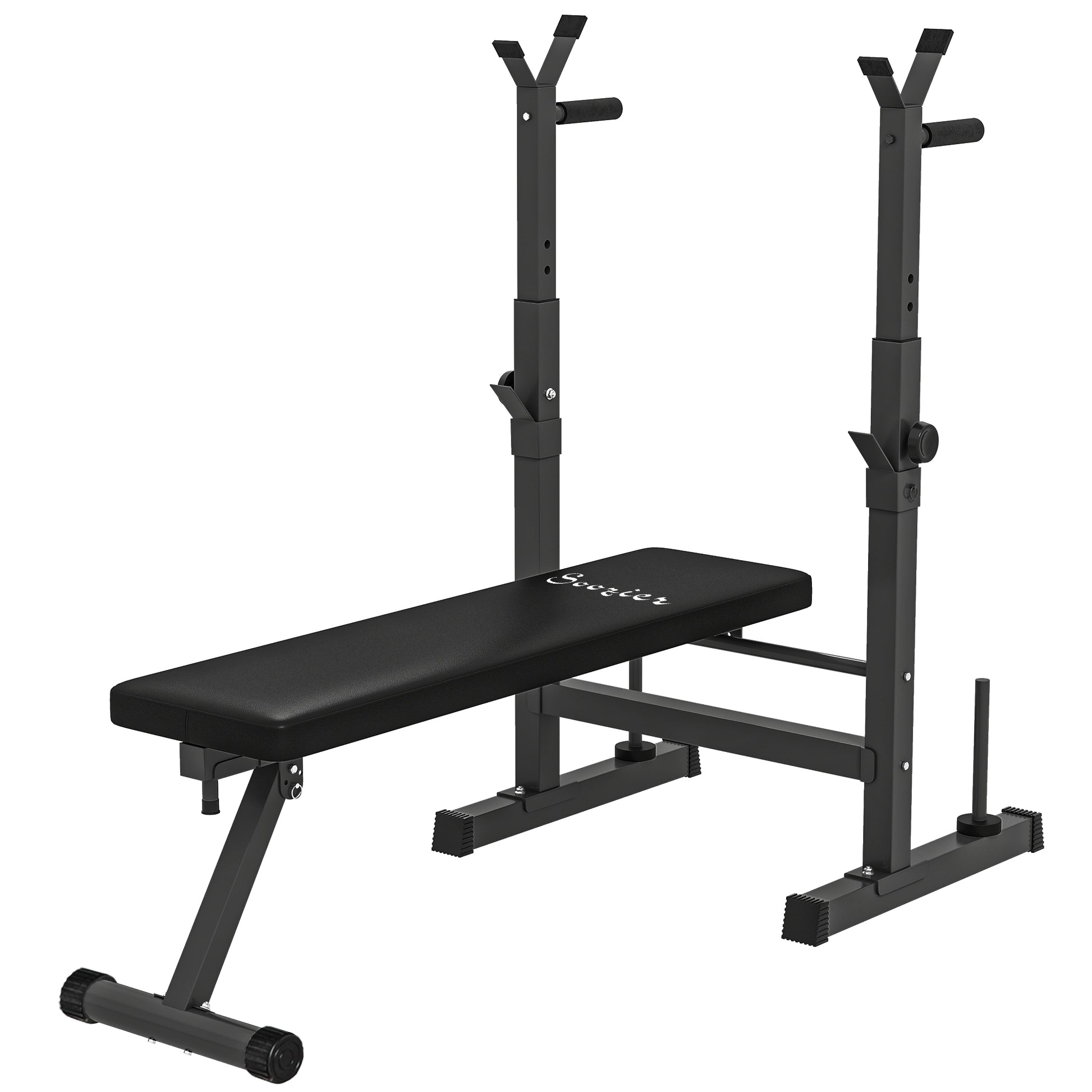 Soozier Adjustable Weight Bench, Foldable Bench Press with Barbell Rack and Dip Station for Home Gym, Strength Training Multiuse Workout Bench, Black