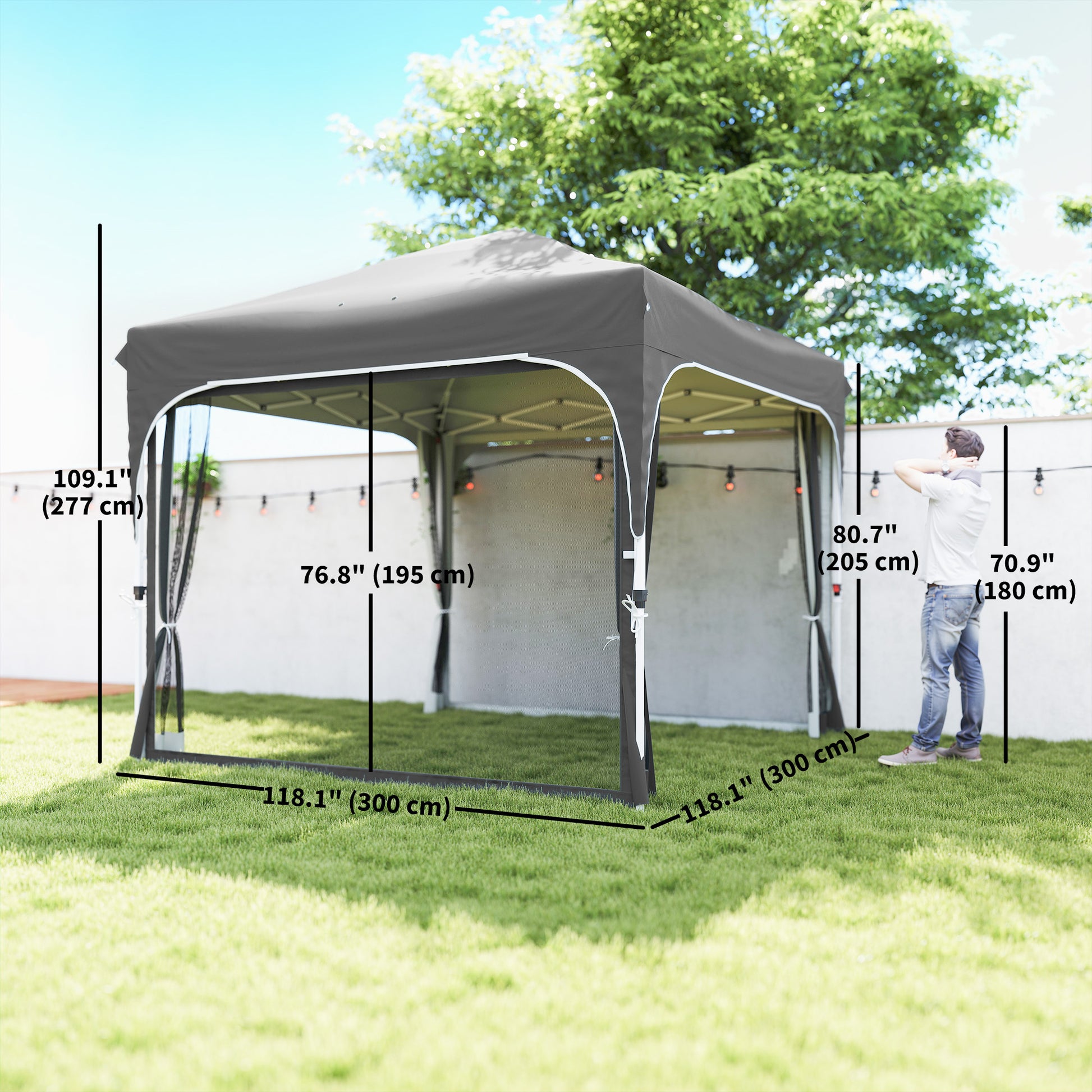 10 x 10 ft Pop Up Canopy Tent with Mosquito Netting, UPF 50+ Central Lock Easy Setup Outdoor Party Tent, Dark Grey