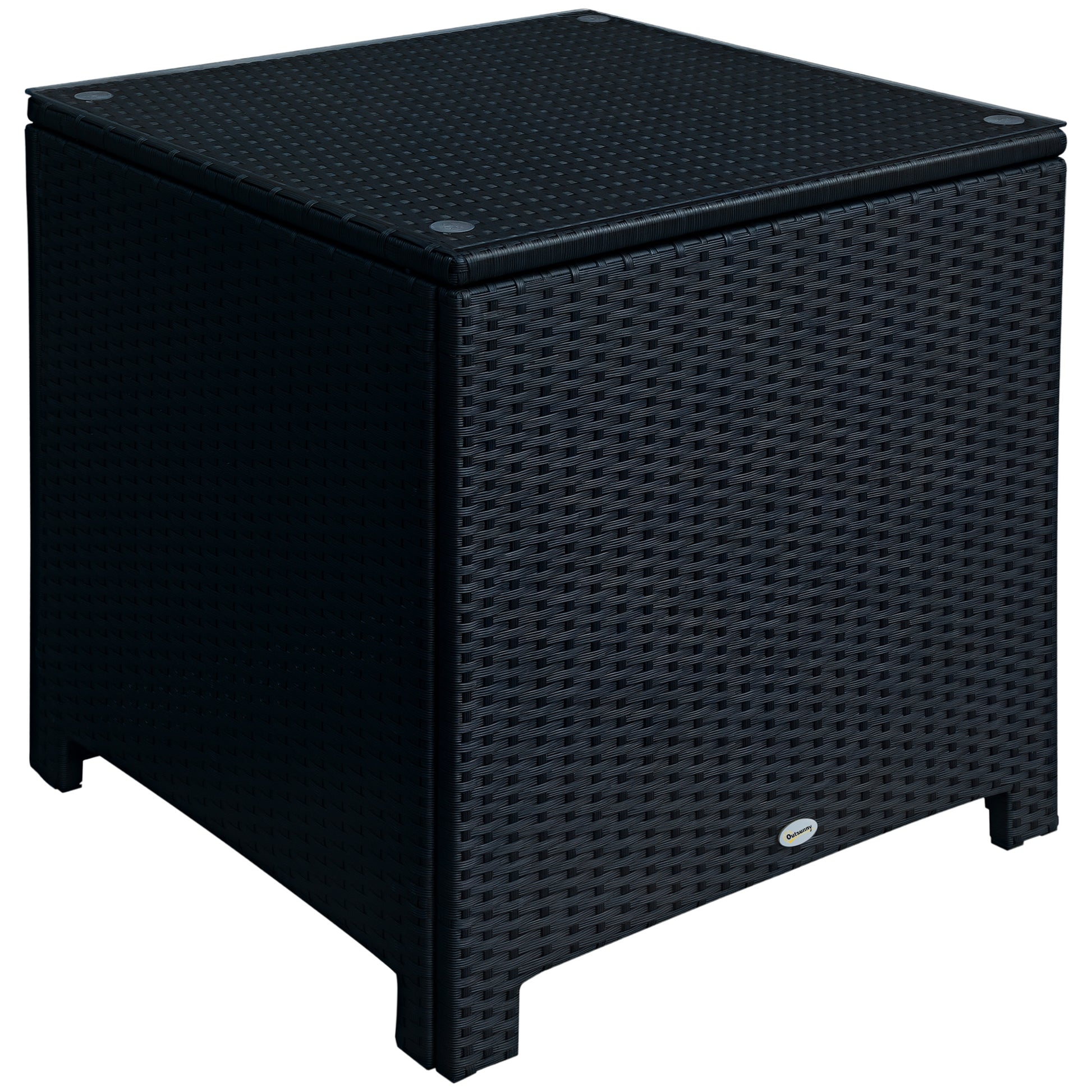 Rattan Side Table Wicker Coffee Table with Glass Top Outdoor Patio Furniture For Patio Poolside Garden Lawn, Black