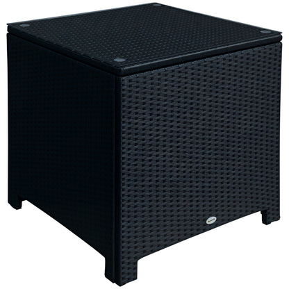 Rattan Side Table Wicker Coffee Table with Glass Top Outdoor Patio Furniture For Patio Poolside Garden Lawn, Black