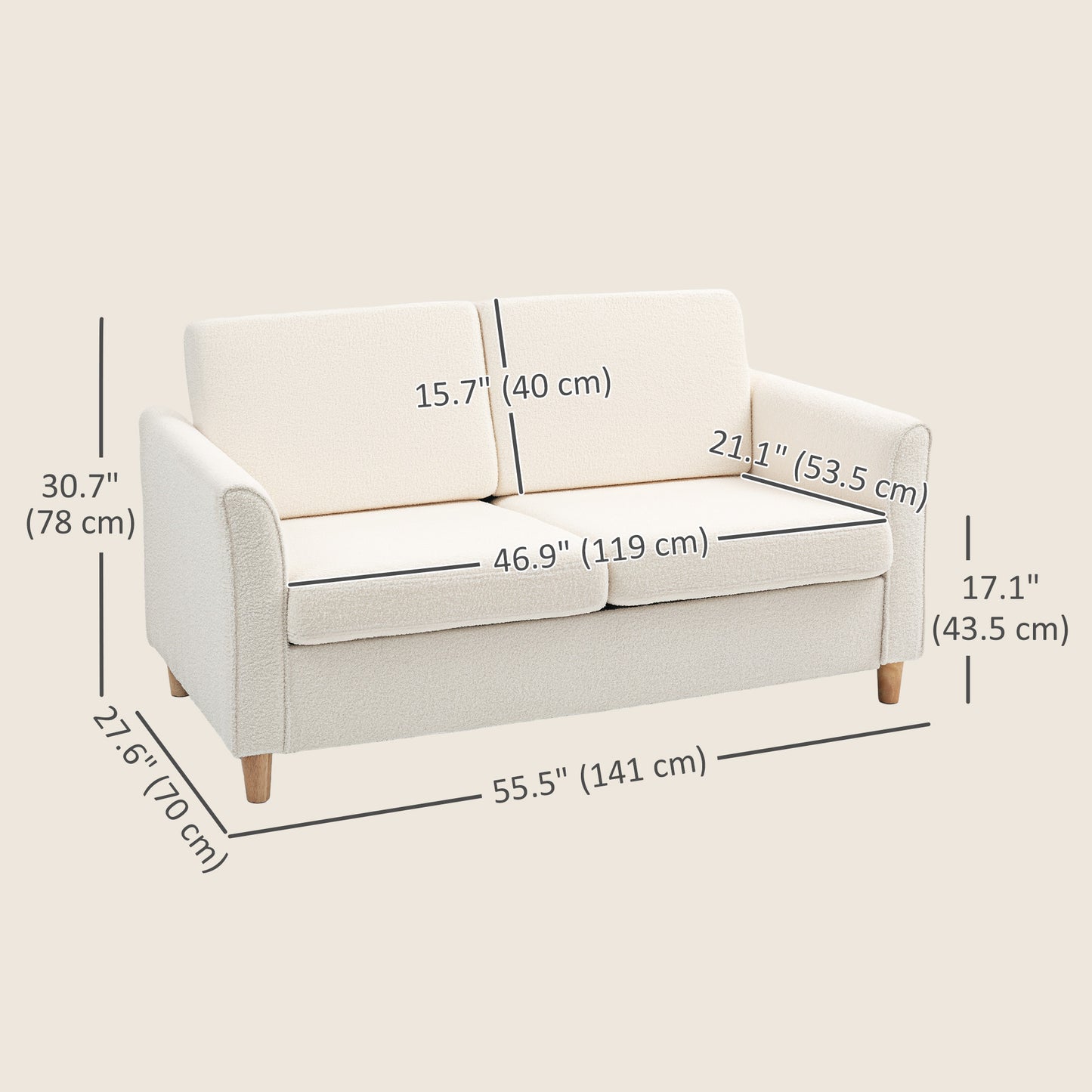 2-Seat Sofa Two-Seater Couch with Armrests and Wood Legs for Living Room, Bedroom, Cream White