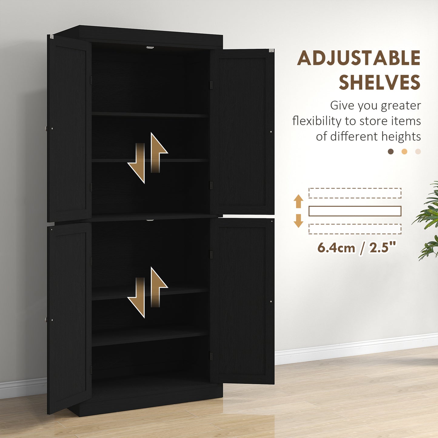 72.5" Freestanding Kitchen Pantry Cabinet with 4 Doors, Black