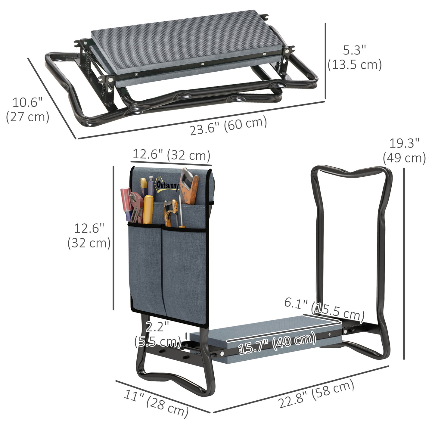 Garden Kneeler and Seat, Foldable Gardening Stool Bench with Thick EVA Foam Kneeling Pad and 1 Large Tool Pouch, Grey