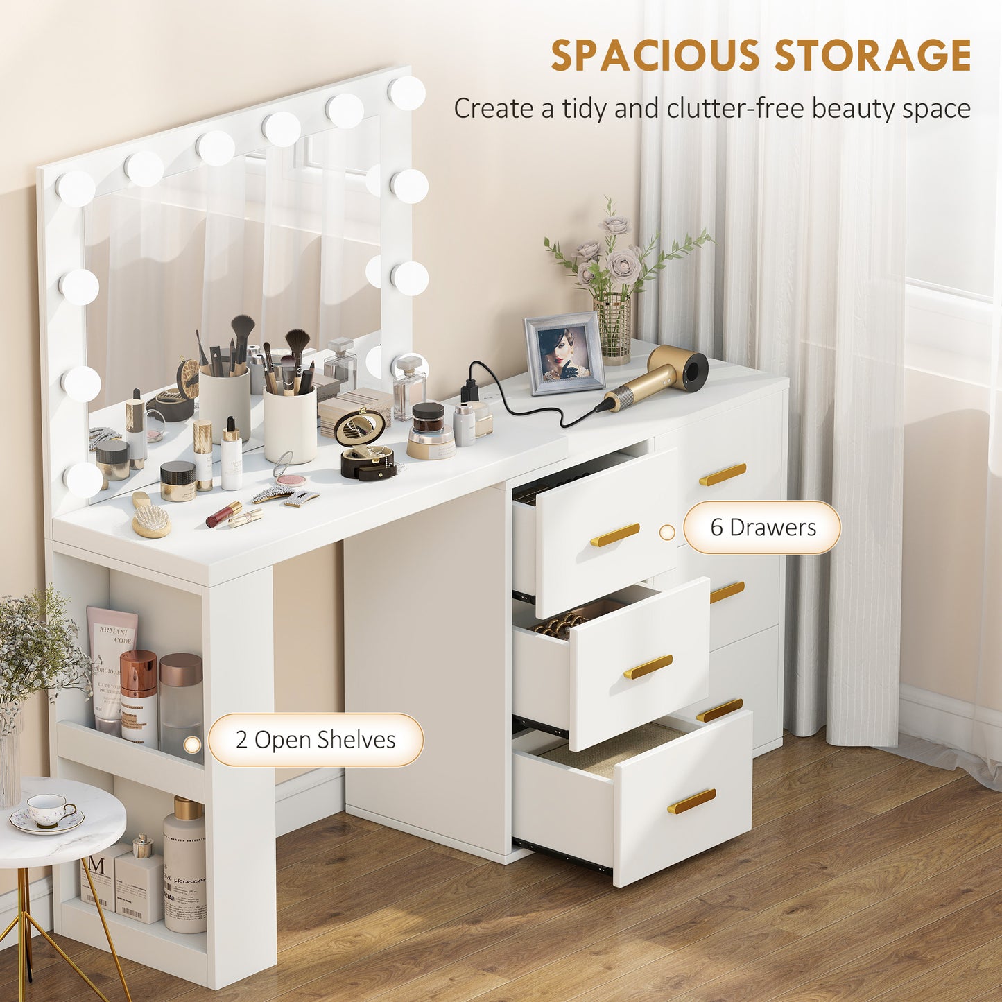 Vanity Desk with Mirror and 12 LED Lights, Makeup Table w/ Power Outlet, 3 Light Colour, 6 Drawers and 2 Shelves, White