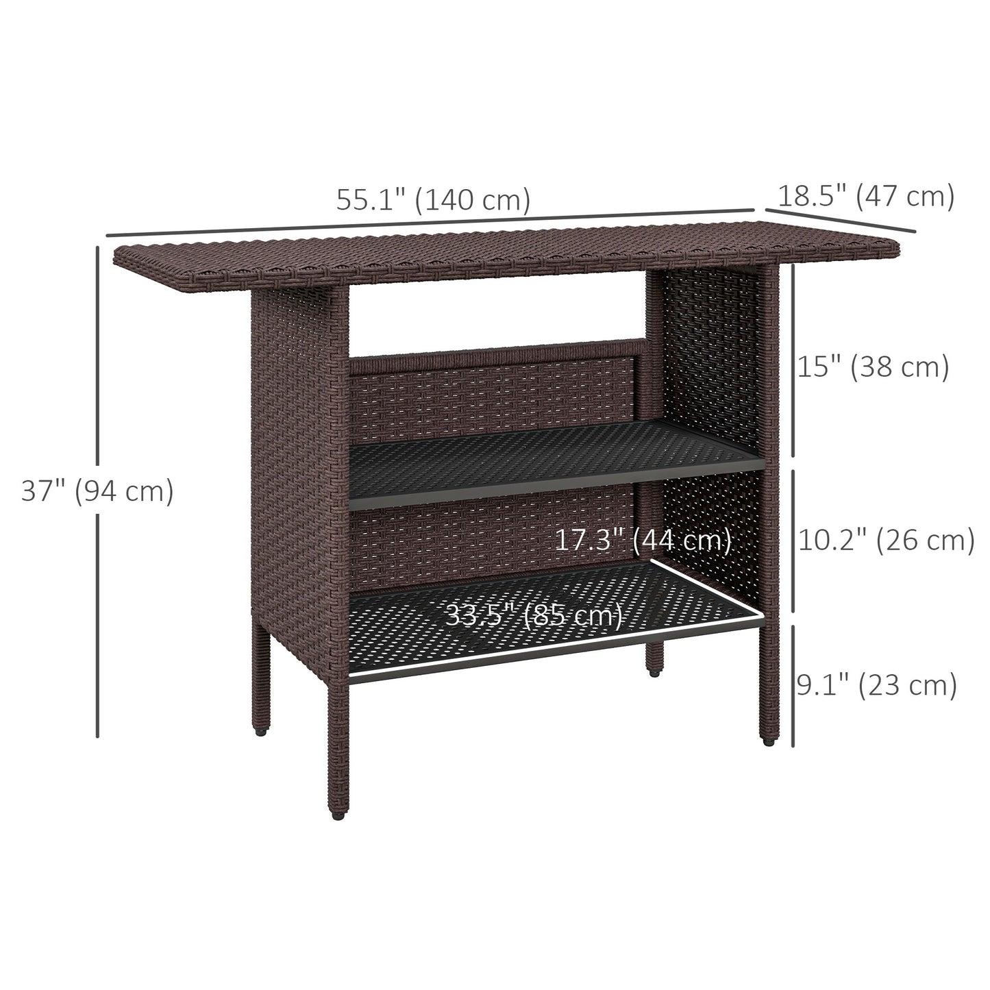 Bar Height Outdoor Rattan Table, Patio Wicker Bar Table with 2 Storage Shelves, 55.1" x 18.5" x 37", Brown