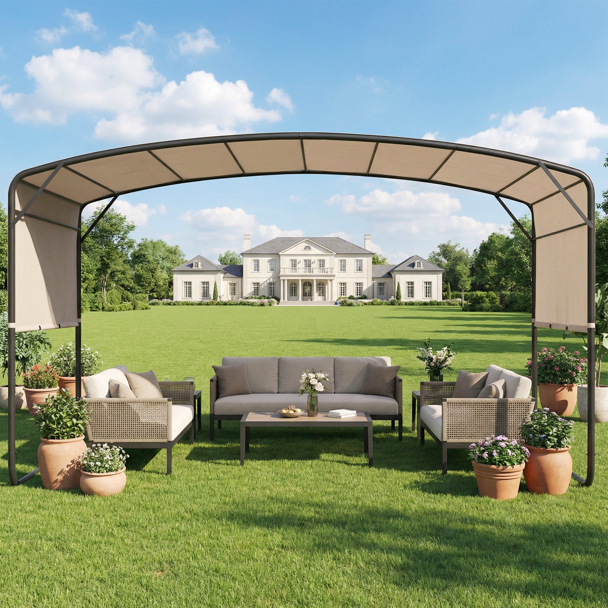 10' x 13' Retractable Pergola Canopy, Outdoor Metal Pergola Gazebo Sun Shade Shelter with Steel Frame, Khaki