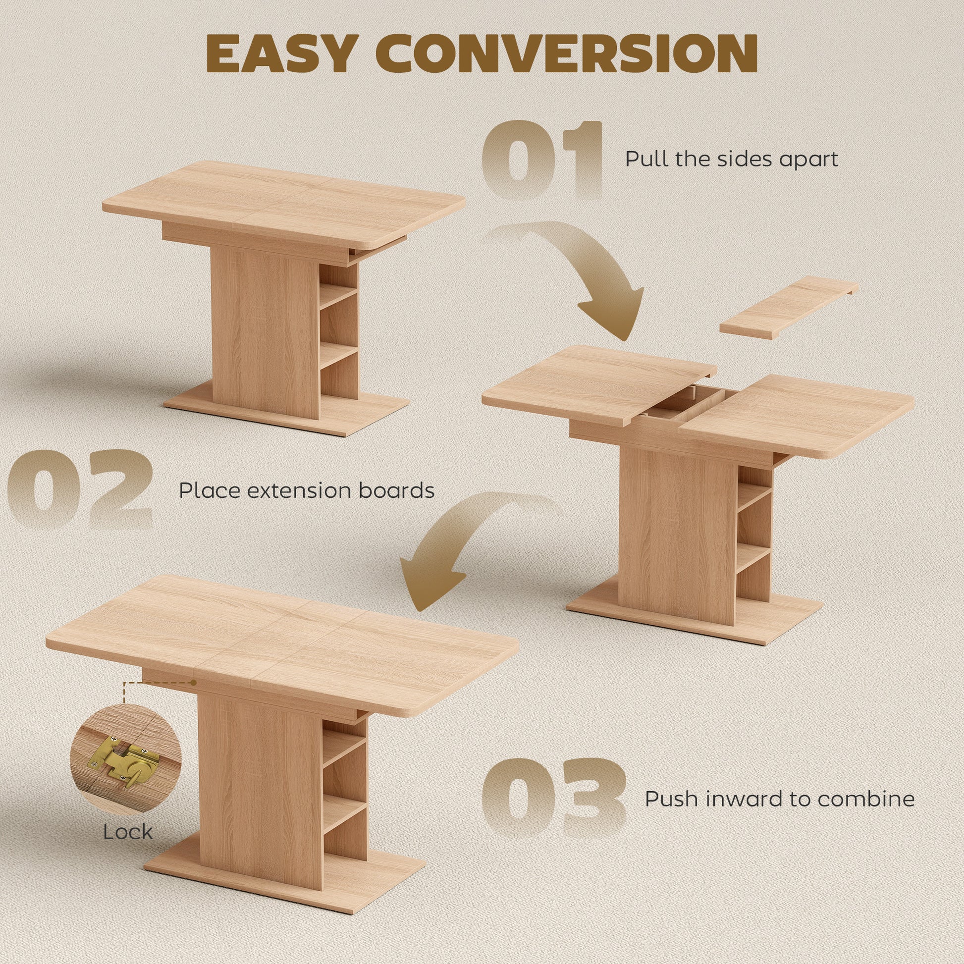 Extendable Dining Table for 4-6 People, 43.3"-51.2" Kitchen Table with 6 Open Shelves, Natural Wood