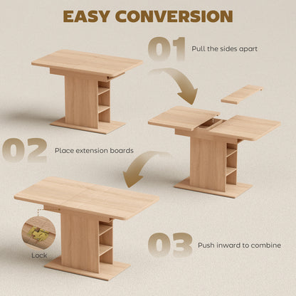 Extendable Dining Table for 4-6 People, 43.3"-51.2" Kitchen Table with 6 Open Shelves, Natural Wood