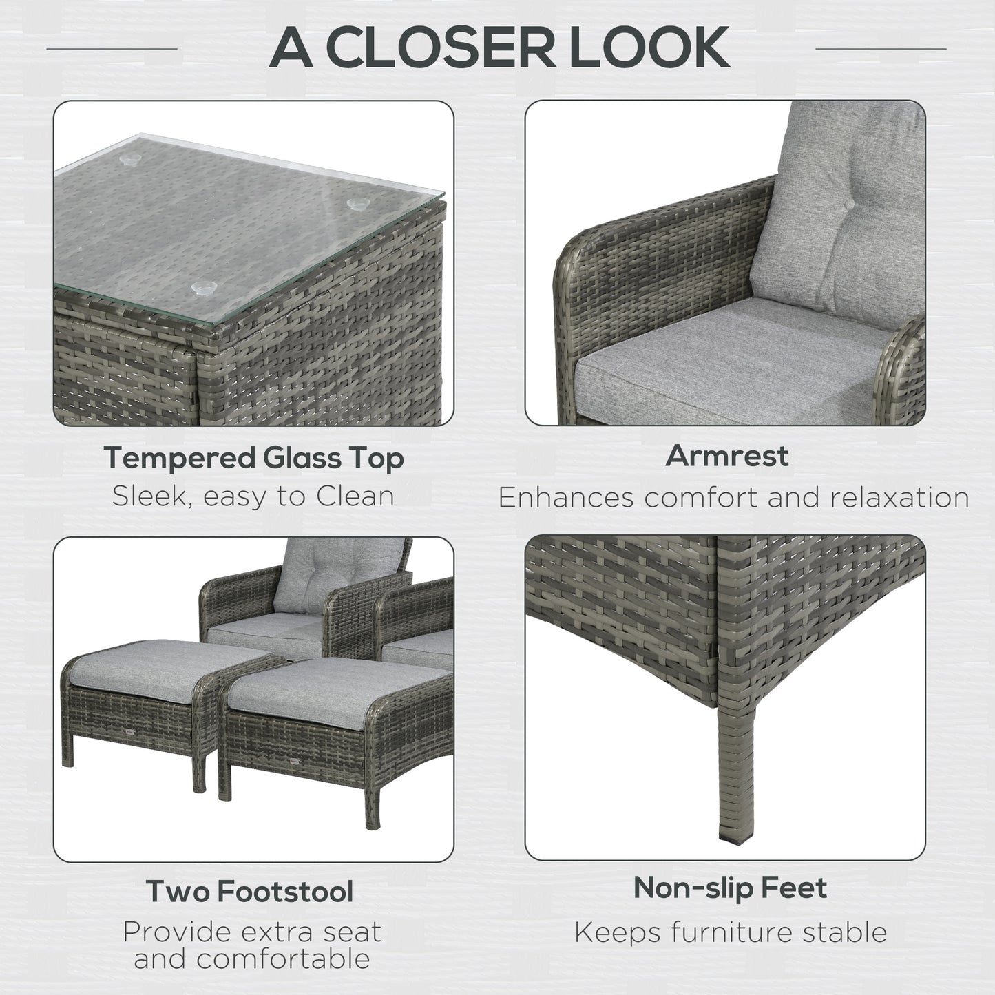 5 Pieces Wicker Patio Furniture Sofa Set Thick Padded Cushions, Outdoor PE Rattan Conversation Coffee Set with Armchairs, Footstools and Glass Top Table, Light Grey
