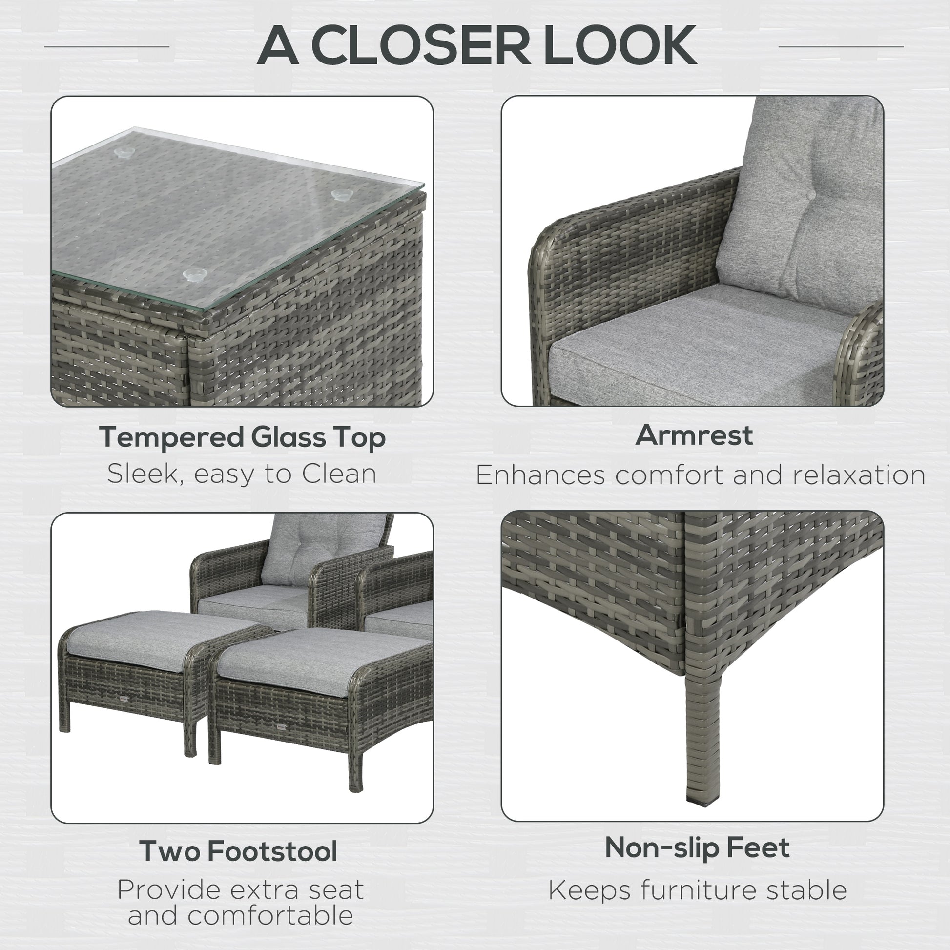 5 Pieces Wicker Patio Furniture Sofa Set Thick Padded Cushions, Outdoor PE Rattan Conversation Coffee Set with Armchairs, Footstools and Glass Top Table, Light Grey