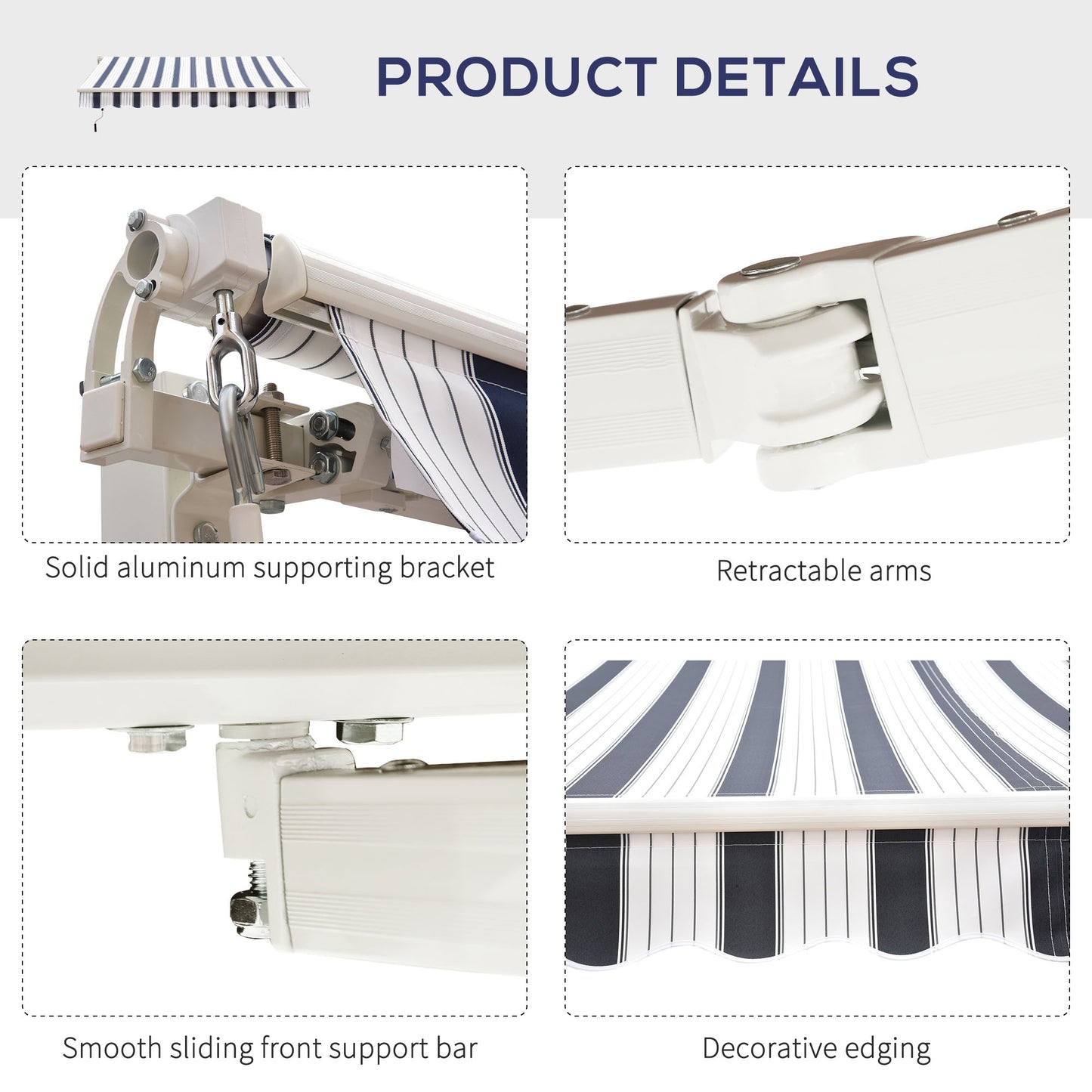 8' x 7' Retractable Awning, Patio Awnings, Sunshade Shelter with 280 g/m² UV & Water-Resistant Fabric and Aluminum Frame for Deck, Balcony, Yard, Blue and White