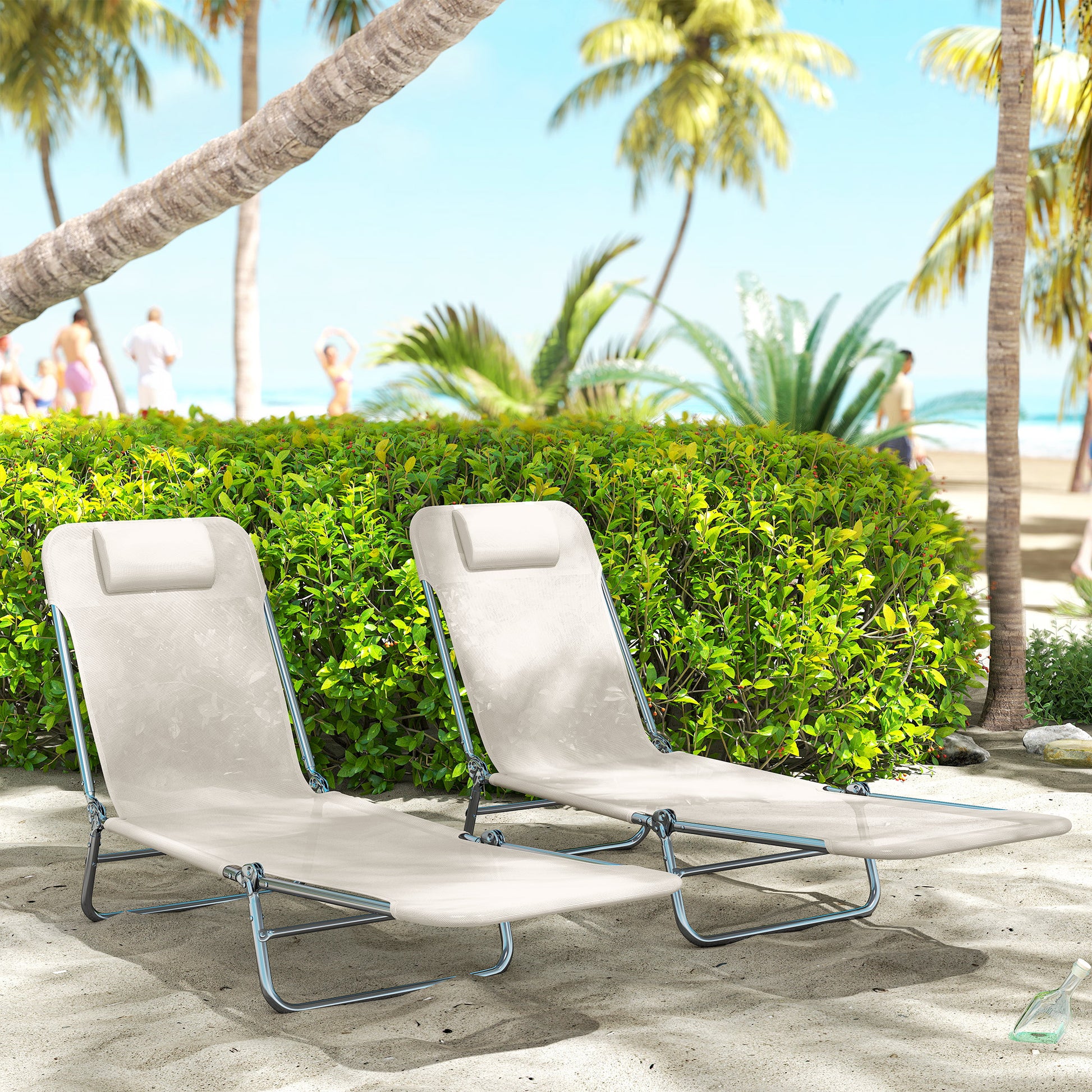 Set of 2 Folding Chaise Lounge Chairs, Outdoor Poolside Sun Tanning Chairs w/ Pillow, Reclining Backrest, Cream White