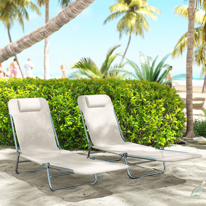 Set of 2 Folding Chaise Lounge Chairs, Outdoor Poolside Sun Tanning Chairs w/ Pillow, Reclining Backrest, Cream White