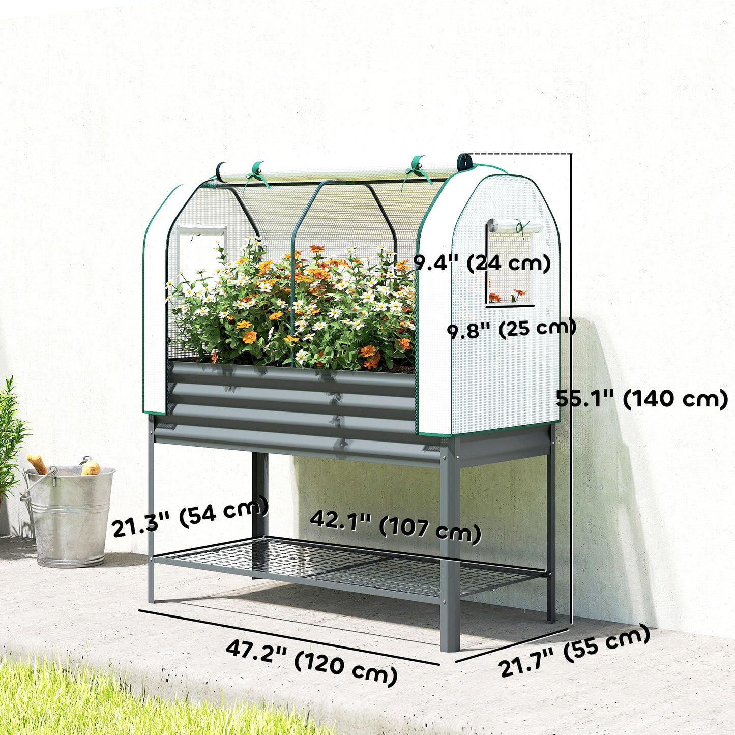 Galvanised Raised Garden Bed with Greenhouse Cover, Metal Elevated Planter Box with Bed Liner, Bottom Shelf, Dark Grey