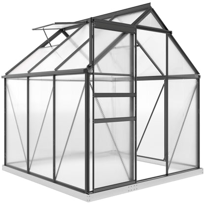 6' x 6' x 6.5' Polycarbonate Greenhouse, Walk-in Green House with Adjustable Roof Vent Galvanized Base Sliding Door Rain Gutter for Outdoor Garden Backyard, Grey