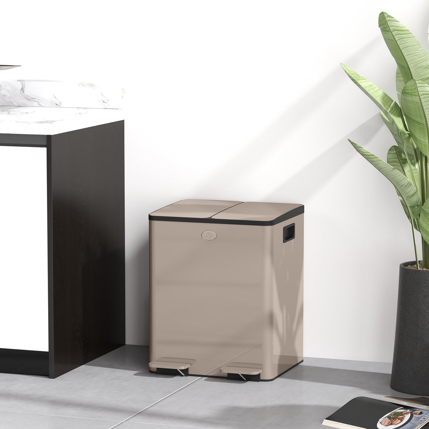 Dual Garbage Bin, Soft-Close Trash Can with Foot Pedal, 2 x 20 Liter Garbage Can with Removable Inner Buckets, Gold