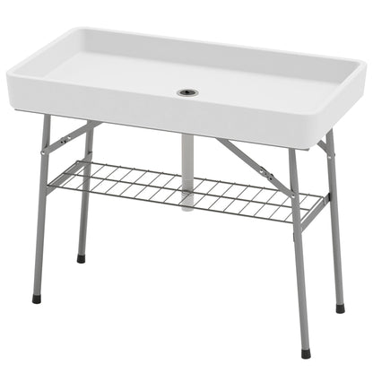 3.4ft Folding Ice Cooler Table with Drain, Outdoor Patio Party Cooler for Drinks, Fishing Cleaning Table with Storage Shelf for Picnic BBQ Camping Wedding, White
