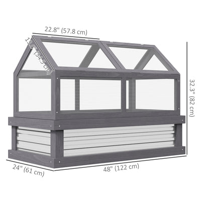 Raised Garden Flower Bed Kit with Greenhouse, Wooden Cold Frame Planter with Open Roofs, 48" x 24" x 32", Grey