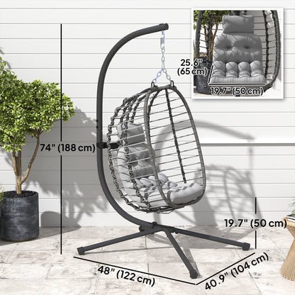 Hanging Egg Chair with Stand, Foldable Wicker Rattan Swing Chair with Thick Cushion, Headrest, Light Grey