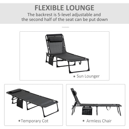 Outdoor Folding Chaise Lounge, Reclining Lounge Chair with Adjustable Backrest and Removable Pillow, Black