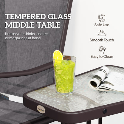 Double Patio Glider Chair with Glass Top Center Table, Outdoor Glider Loveseat with High Back, All Weather Breathable Mesh Fabric for Garden, Backyard, Deck, Grey