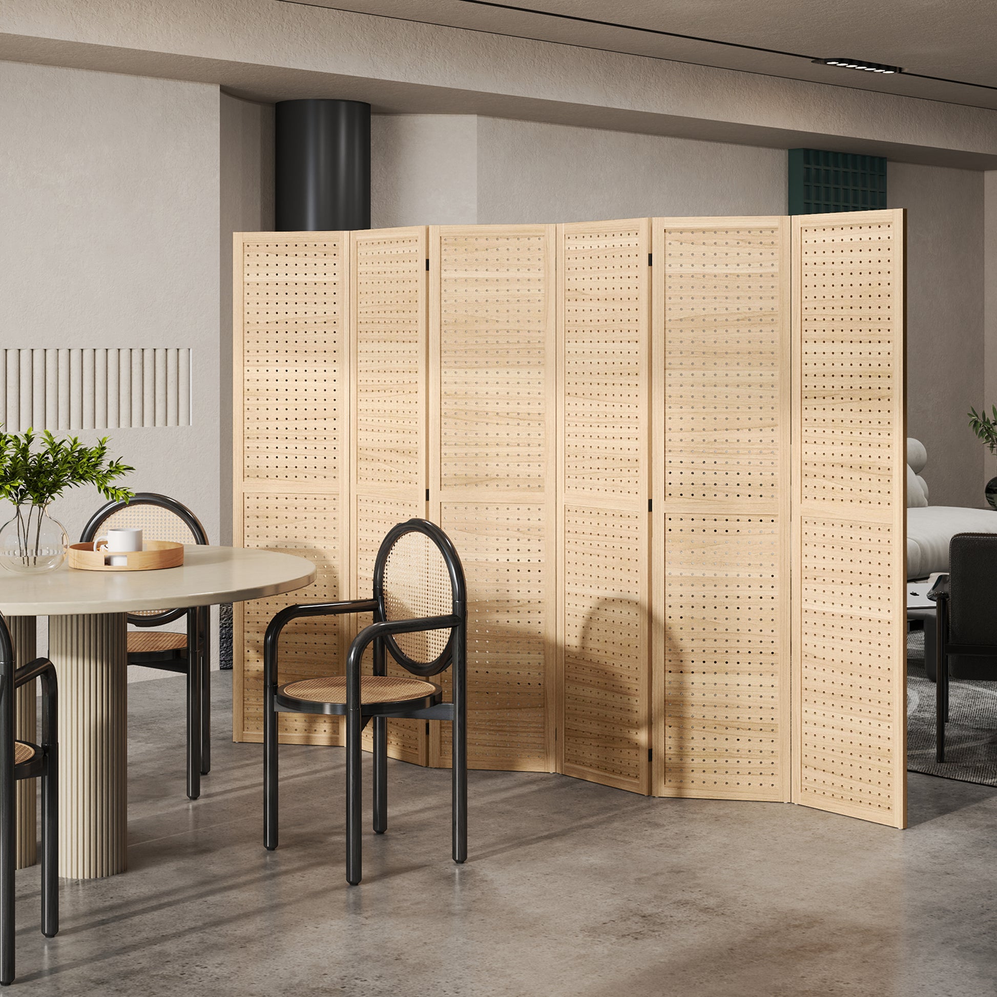 5.6 Ft. Tall 6-Panel Room Divider, Pegboard Panel Freestanding Folding Privacy Screen Panels, Partition Wall Divider for Indoor Bedroom Office, Natural