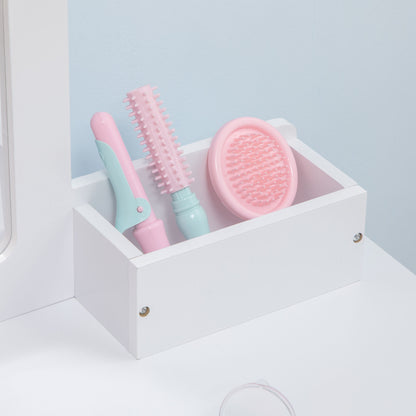 Qaba Kids Vanity Set with Mirror and Stool, Makeup Dressing Table with Drawers for Children Aged 3-6 Years, White