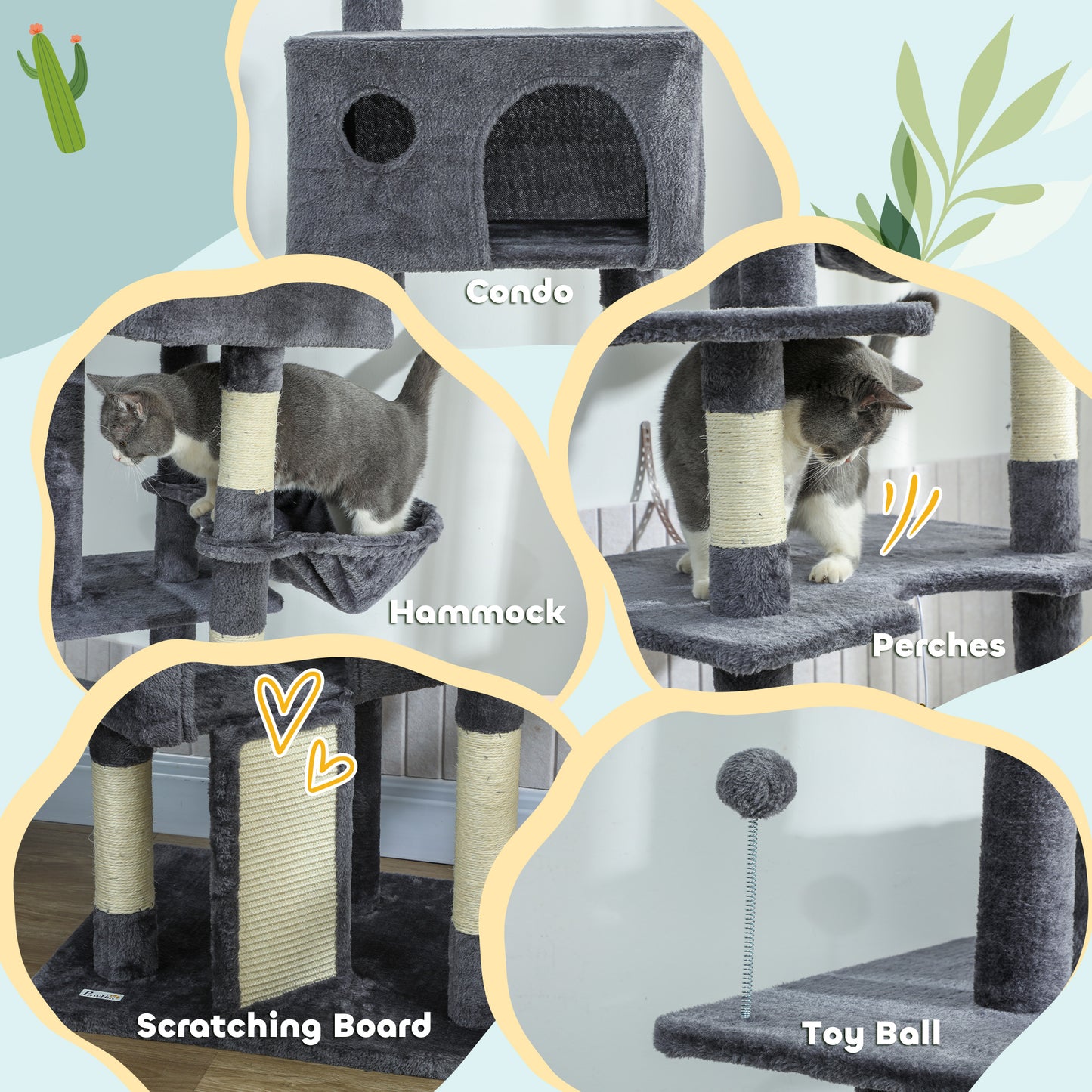 91"-98" Floor to Ceiling Cat Tree with 2 Condos, Hammock and Sisal Scratching Posts, for Indoor, Dark Grey