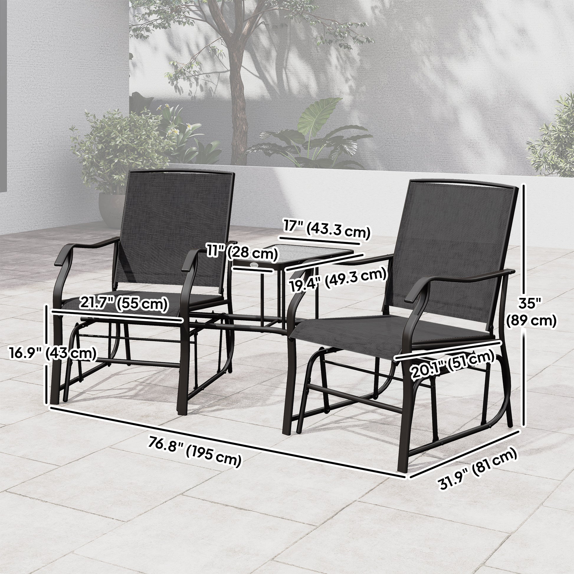 Double Patio Glider Chair with Glass Top Center Table, Outdoor Glider Loveseat with High Back, All Weather Breathable Mesh Fabric for Garden, Backyard, Deck, Black