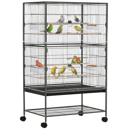 52'' Large Rolling Steel Bird Cage Bird House with Rolling Stand, Storage Shelf, Wood Perch, Food Container, Dark Grey